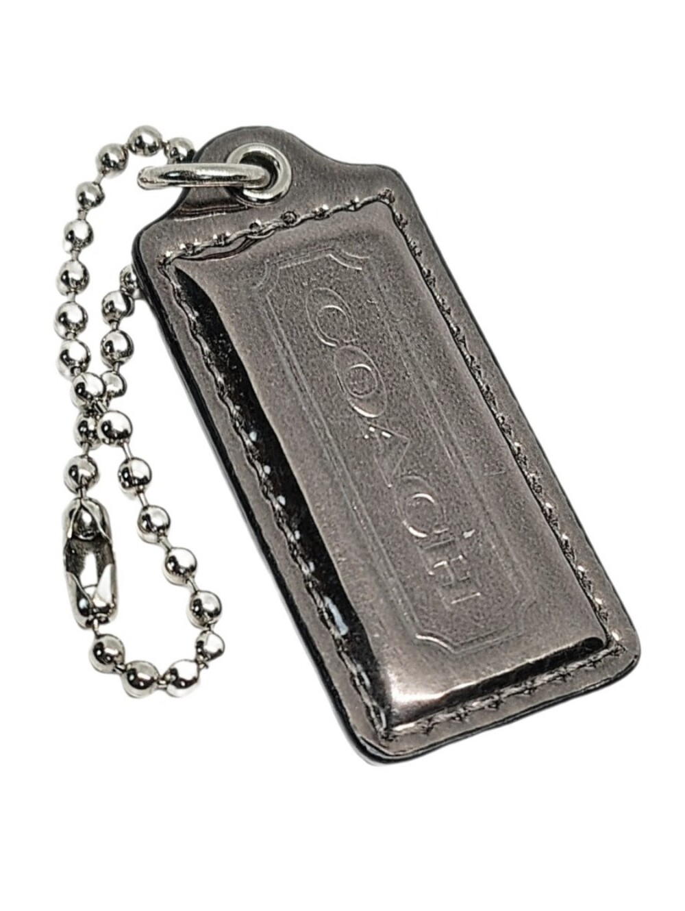 ⚫ 2.25" Med Coach Metallic Dark Gray Leather Hangtag Bag Fob Keychain Charm